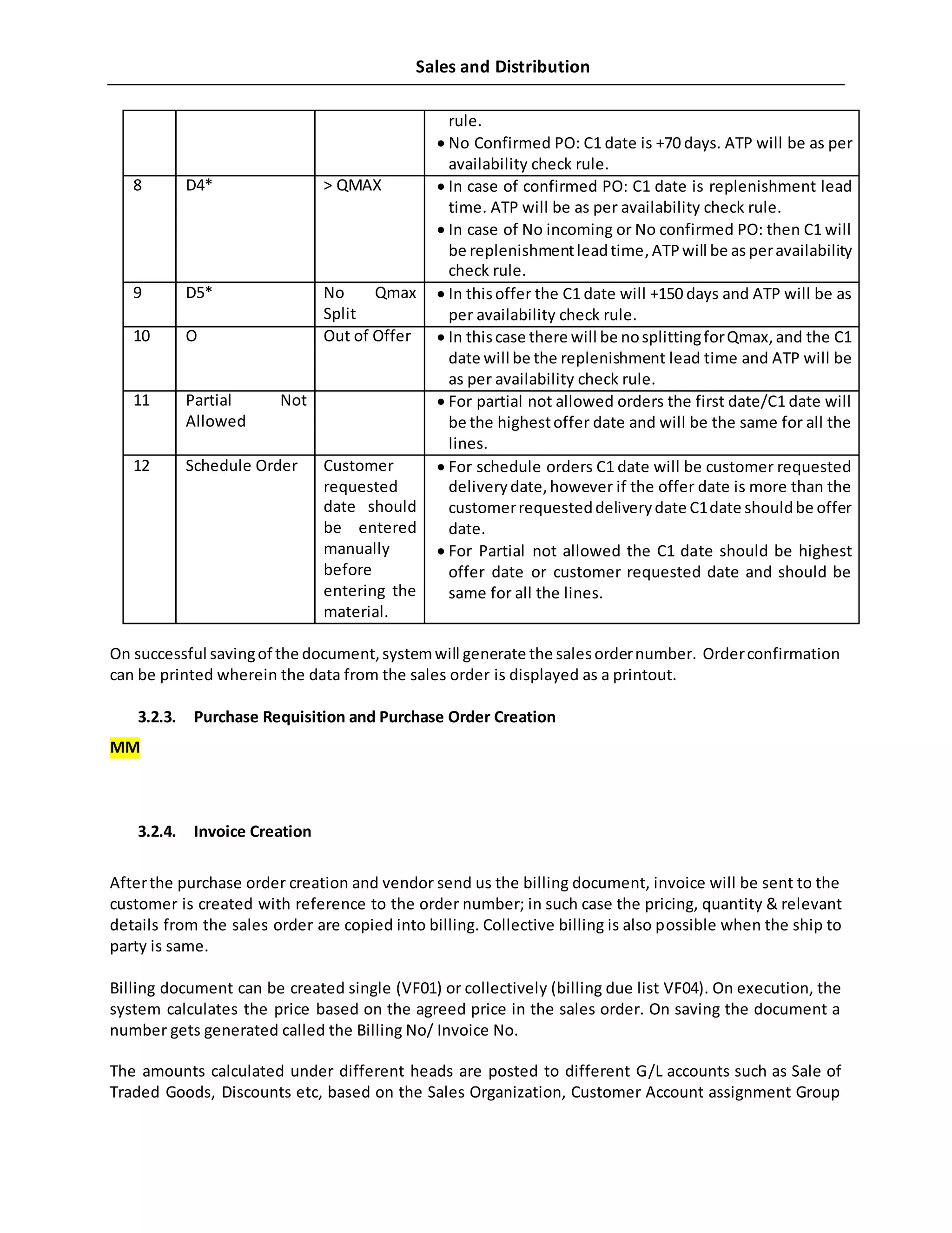 Sales and Distribution
rule.
 No Confirmed PO: C1 date is +70 days. ATP will be as per
availability check rule.
8 D4* > QMAX  In case of confirmed PO: C1 date is replenishment lead
time. ATP will be as per availability check rule.
 In case of No incoming or No confirmed PO: then C1 will
be replenishmentleadtime,ATPwill be as peravailability
check rule.
9 D5* No Qmax
Split
 In thisoffer the C1 date will +150 days and ATP will be as
per availability check rule.
10 O Out of Offer  In thiscase there will be nosplittingforQmax,and the C1
date will be the replenishment lead time and ATP will be
as per availability check rule.
11 Partial Not
Allowed
 For partial not allowed orders the first date/C1 date will
be the highestoffer date and will be the same for all the
lines.
12 Schedule Order Customer
requested
date should
be entered
manually
before
entering the
material.
 For schedule orders C1 date will be customer requested
deliverydate,however if the offer date is more than the
customerrequesteddeliverydate C1date shouldbe offer
date.
 For Partial not allowed the C1 date should be highest
offer date or customer requested date and should be
same for all the lines.
On successful savingof the document,systemwill generate the salesordernumber. Orderconfirmation
can be printed wherein the data from the sales order is displayed as a printout.
3.2.3. Purchase Requisition and Purchase Order Creation
MM
3.2.4. Invoice Creation
Afterthe purchase order creation and vendor send us the billing document, invoice will be sent to the
customer is created with reference to the order number; in such case the pricing, quantity & relevant
details from the sales order are copied into billing. Collective billing is also possible when the ship to
party is same.
Billing document can be created single (VF01) or collectively (billing due list VF04). On execution, the
system calculates the price based on the agreed price in the sales order. On saving the document a
number gets generated called the Billing No/ Invoice No.
The amounts calculated under different heads are posted to different G/L accounts such as Sale of
Traded Goods, Discounts etc, based on the Sales Organization, Customer Account assignment Group
 