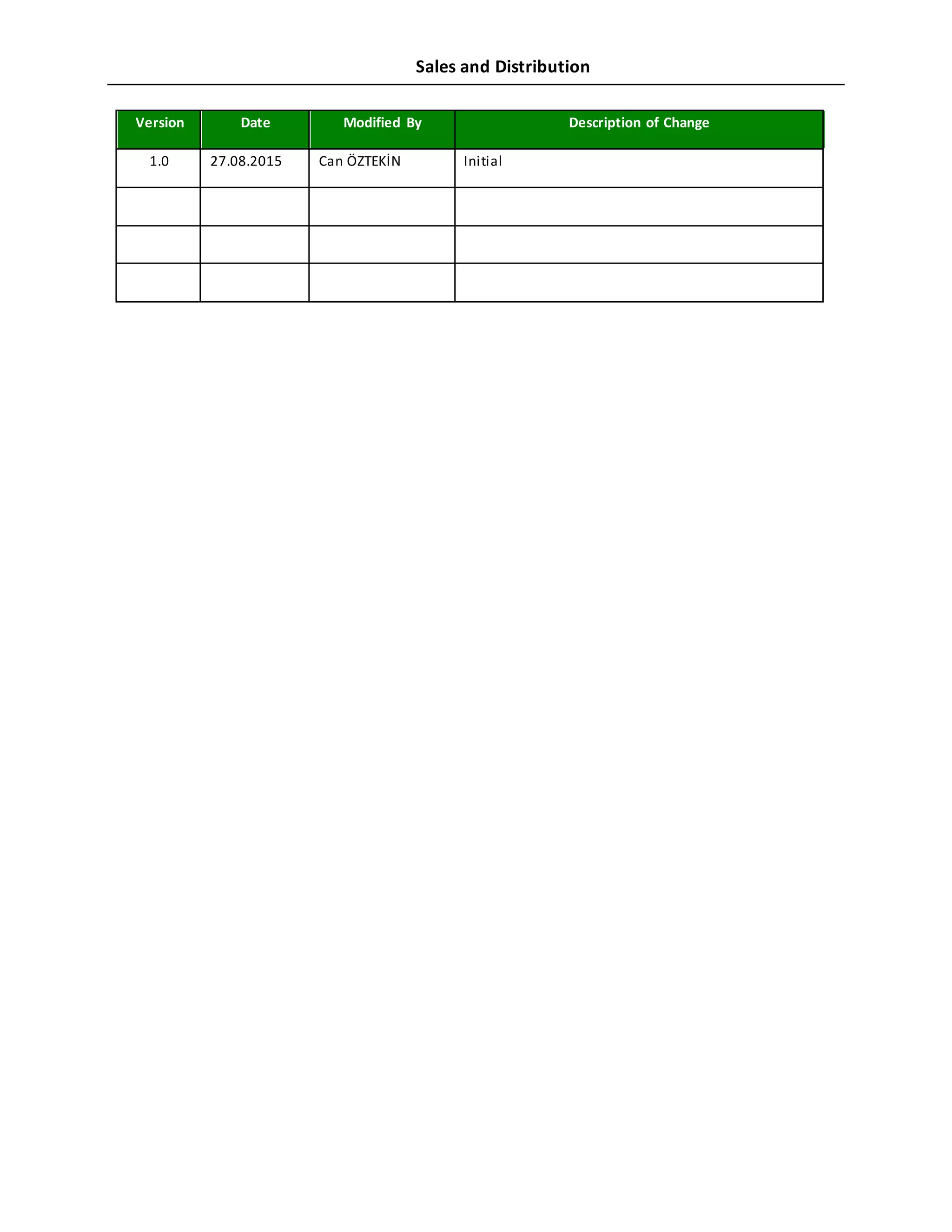 Sales and Distribution
Version Date Modified By Description of Change
1.0 27.08.2015 Can ÖZTEKİN Initial
 