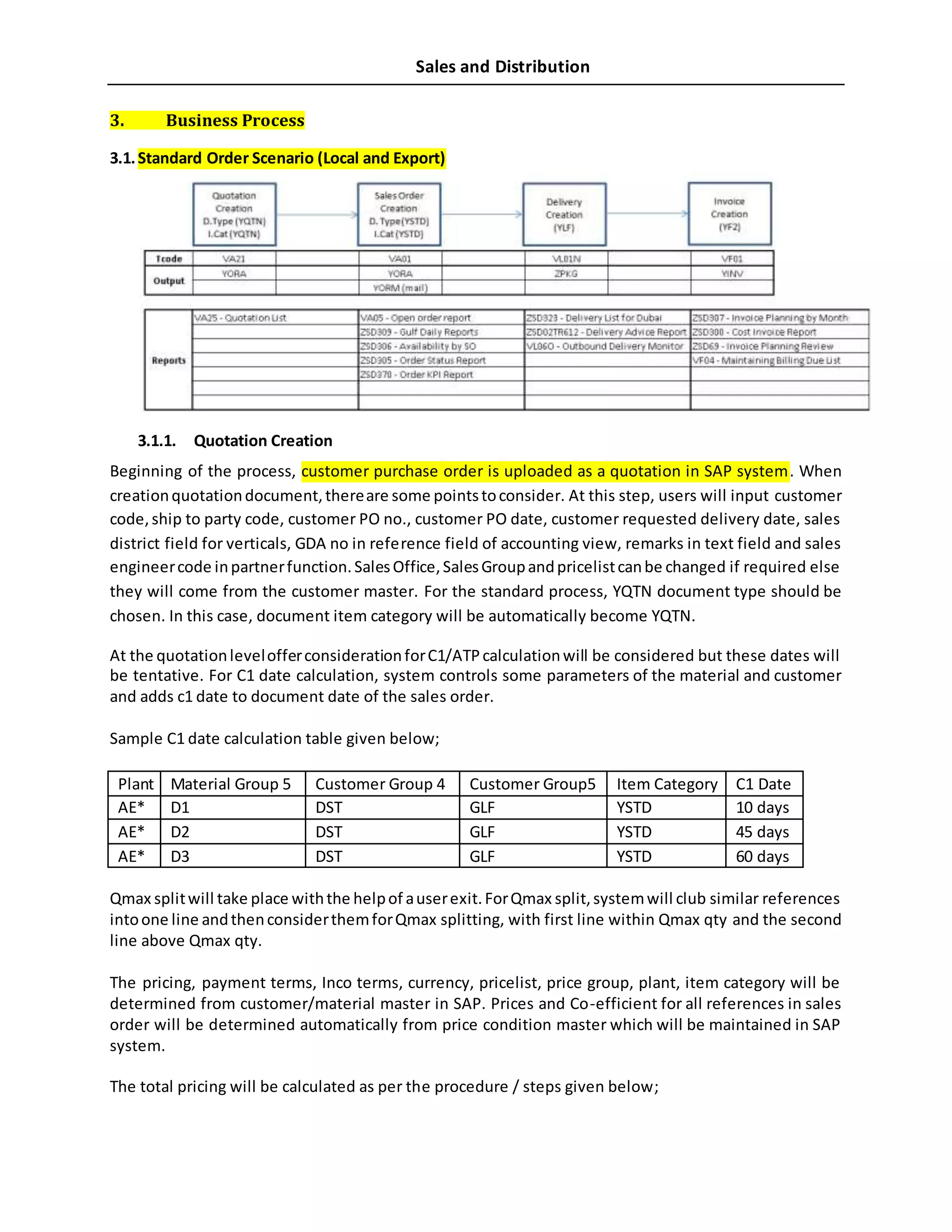 Sales and Distribution
3. Business Process
3.1.Standard Order Scenario (Local and Export)
3.1.1. Quotation Creation
Beginning of the process, customer purchase order is uploaded as a quotation in SAP system. When
creationquotationdocument,thereare some pointstoconsider. At this step, users will input customer
code,ship to party code, customer PO no., customer PO date, customer requested delivery date, sales
district field for verticals, GDA no in reference field of accounting view, remarks in text field and sales
engineercode inpartnerfunction.SalesOffice,SalesGroupandpricelistcanbe changed if required else
they will come from the customer master. For the standard process, YQTN document type should be
chosen. In this case, document item category will be automatically become YQTN.
At the quotationlevelofferconsiderationforC1/ATPcalculationwill be considered but these dates will
be tentative. For C1 date calculation, system controls some parameters of the material and customer
and adds c1 date to document date of the sales order.
Sample C1 date calculation table given below;
Plant Material Group 5 Customer Group 4 Customer Group5 Item Category C1 Date
AE* D1 DST GLF YSTD 10 days
AE* D2 DST GLF YSTD 45 days
AE* D3 DST GLF YSTD 60 days
Qmax splitwill take place withthe helpof auserexit.ForQmax split,systemwill club similar references
intoone line andthenconsiderthemforQmax splitting, with first line within Qmax qty and the second
line above Qmax qty.
The pricing, payment terms, Inco terms, currency, pricelist, price group, plant, item category will be
determined from customer/material master in SAP. Prices and Co-efficient for all references in sales
order will be determined automatically from price condition master which will be maintained in SAP
system.
The total pricing will be calculated as per the procedure / steps given below;
 