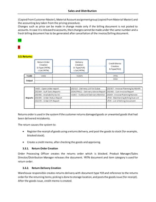 Sales and Distribution
(CopiedFromCustomerMaster),Material Accountassignmentgroup(copiedfromMaterial Master) and
the accounting key taken from the pricing procedure.
Changes such as price can be made in change mode only if the billing document is not posted to
accounts.In case itis releasedtoaccounts,thenchangescannotbe made under the same number and a
fresh billing document has to be generated after cancellation of the invoice/billing document.
CO
FI
3.3.Returns:
Returnsorderisusedin the systemif the customerreturnsdamagedgoods or unwanted goods that had
been delivered mistakenly.
The return causes the system to:
 Registerthe receiptof goodsusingareturnsdelivery,and post the goods to stock (for example,
blocked stock).
 Create a credit memo, after checking the goods and approving.
3.3.1. Return Order Creation
Order Processing Officer creates the returns order which is blocked. Product Manager/Sales
Director/Distribution Manager releases the document. YRTN document and item category is used for
return order.
3.3.2. Return Delivery Creation
Warehouse responsible creates returns delivery with document type YLR and reference to the returns
orderfor the returningitems;pickingisdone tostorage location,andpoststhe goodsissue (for receipt).
After the goods issue, credit memo is created.
 