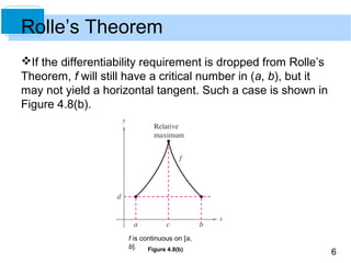 6
Rolle’s Theorem
If the differentiability requirement is dropped from Rolle’s
Theorem, f will still have a critical number in (a, b), but it
may not yield a horizontal tangent. Such a case is shown in
Figure 4.8(b).
f is continuous on [a,
b]. Figure 4.8(b)
 