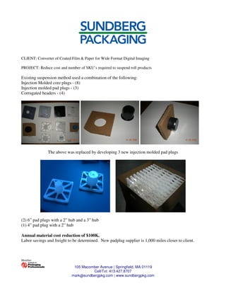 CLIENT: Converter of Coated Film & Paper for Wide Format Digital Imaging

PROJECT: Reduce cost and number of SKU’s required to suspend roll products

Existing suspension method used a combination of the following:
Injection Molded core plugs - (8)
Injection molded pad plugs - (3)
Corrugated headers - (4)




               The above was replaced by developing 3 new injection molded pad plugs




(2) 6” pad plugs with a 2” hub and a 3” hub
(1) 4” pad plug with a 2” hub

Annual material cost reduction of $100K.
Labor savings and freight to be determined. New padplug supplier is 1,000 miles closer to client.



Member

                             105 Macomber Avenue | Springfield, MA 01119
                                      Cell/Txt: 413.427.8707
                            mark@sundbergpkg.com | www.sundbergpkg.com
 