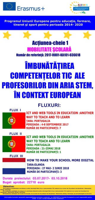 Programul Uniunii Europene pentru educaţie, formare,
tineret şi sport pentru perioada 2014- 2020
ÎMBUNĂTĂŢIREA
COMPETENŢELOR TIC ALE
PROFESORILOR DIN ARIA STEM,
ÎN CONTEXT EUROPEAN
Acţiunea-cheie 1
MOBILITATE ŞCOLARĂ
Număr de referinţă: 2017-RO01-KA101-036618
FLUXURI:
Durata proiectului: 03.07.2017- 03.10.2018
Buget aprobat: 22710 euro
Obiective:
O1:Creşterea competenţelor de utilizare a noilor tehnologii Web 2.0 şi a instrumentelor TIC moderne la un numar de 10 profesori de disciplinele : Matematică,
Stiinţe, Tehnologii.
O2: Dobândirea abilităţilor de integrare în activitatea didactică anoilor tehnologii Web 2.0 şi a instrumentelor TIC moderne la un numar de 10 profesori de
disciplinele : Matematică, Stiinţe, Tehnologii.
O3:Dobândirea abilitaţilor de transfer de inovaţie, la un numar de 10 profesori de disciplinele : Matematică, Stiinţe, Tehnologii, pe perioadastagiilor de formare.
.
.
Informaţiile furnizate reprezintă responsabilitatea exclusiva a autorului , iar ANPCDEFP şi Comisia Europeană nu sunt responsabile pentru
modul în care au fost folosite aceste conţinuturi.
ICT AND WEB TOOLS IN EDUCATION :ANOTHER
WAY TO TEACH AND TO LEARN
ŢARA: PORTUGALIA
PERIOADA : 4-8 SEPTEMBRIE 2017
NUMĂR DE PARTICIPANŢI: 7
ICT AND WEB TOOLS IN EDUCATION :ANOTHER
WAY TO TEACH AND TO LEARN
ŢARA: PORTUGALIA
PERIOADA : 21-25MAI 2018
NUMĂR DE PARTICIPANŢI: 1
HOW TO MAKE YOUR SCHOOL MORE DIGITAL
ŢARA:OLANDA
PERIOADA : 27 MAI- 2 IUNIE 2018
NUMĂR DE PARTICIPANŢI: 3
FLUX I
FLUX II
FLUX III
 