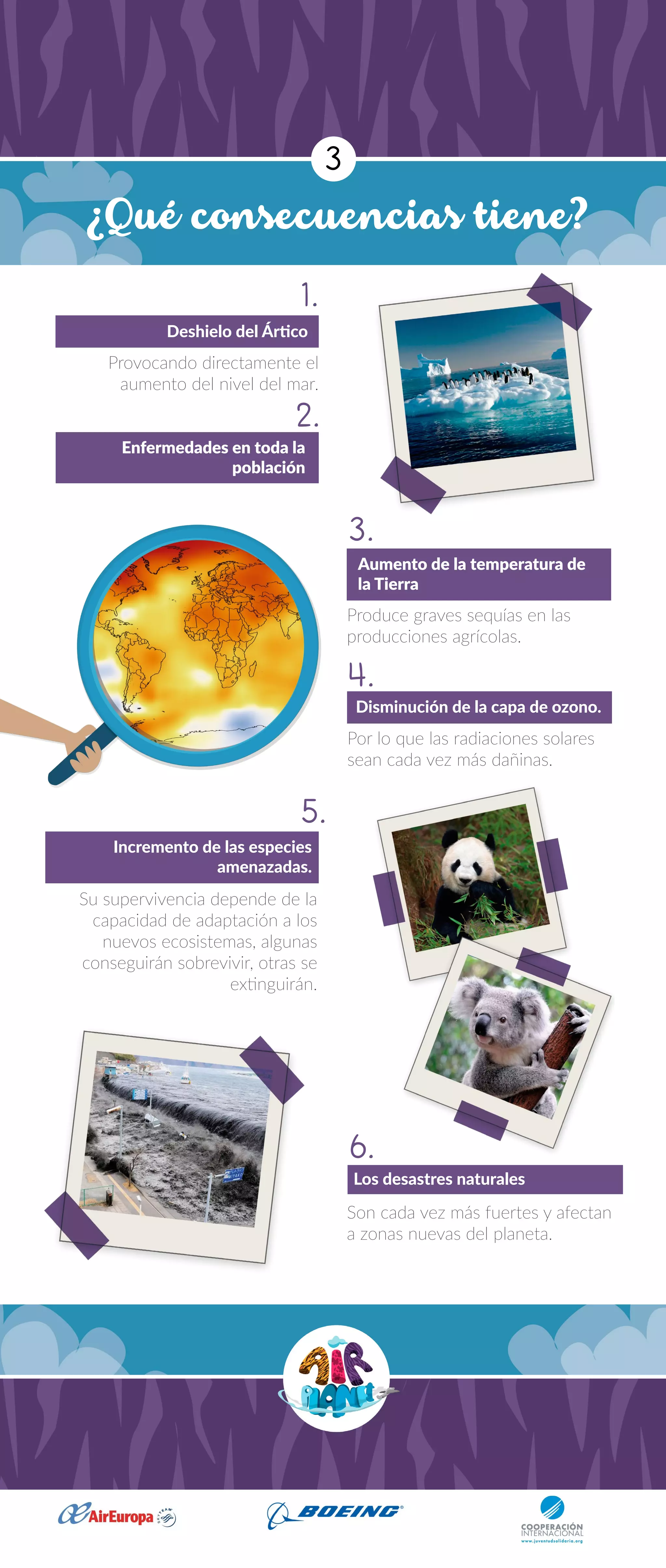 ¿Qué consecuencias tiene?
Provocando directamente el
aumento del nivel del mar.
Produce graves sequías en las
producciones agrícolas.
Disminución de la capa de ozono.
Por lo que las radiaciones solares
sean cada vez más dañinas.
Su supervivencia depende de la
capacidad de adaptación a los
nuevos ecosistemas, algunas
conseguirán sobrevivir, otras se
extinguirán.
Son cada vez más fuertes y afectan
a zonas nuevas del planeta.
Incremento de las especies
amenazadas.
Los desastres naturales
Aumento de la temperatura de
la Tierra
Enfermedades en toda la
población
3
Deshielo del Ártico
1.
2.
3.
4.
5.
6.
 