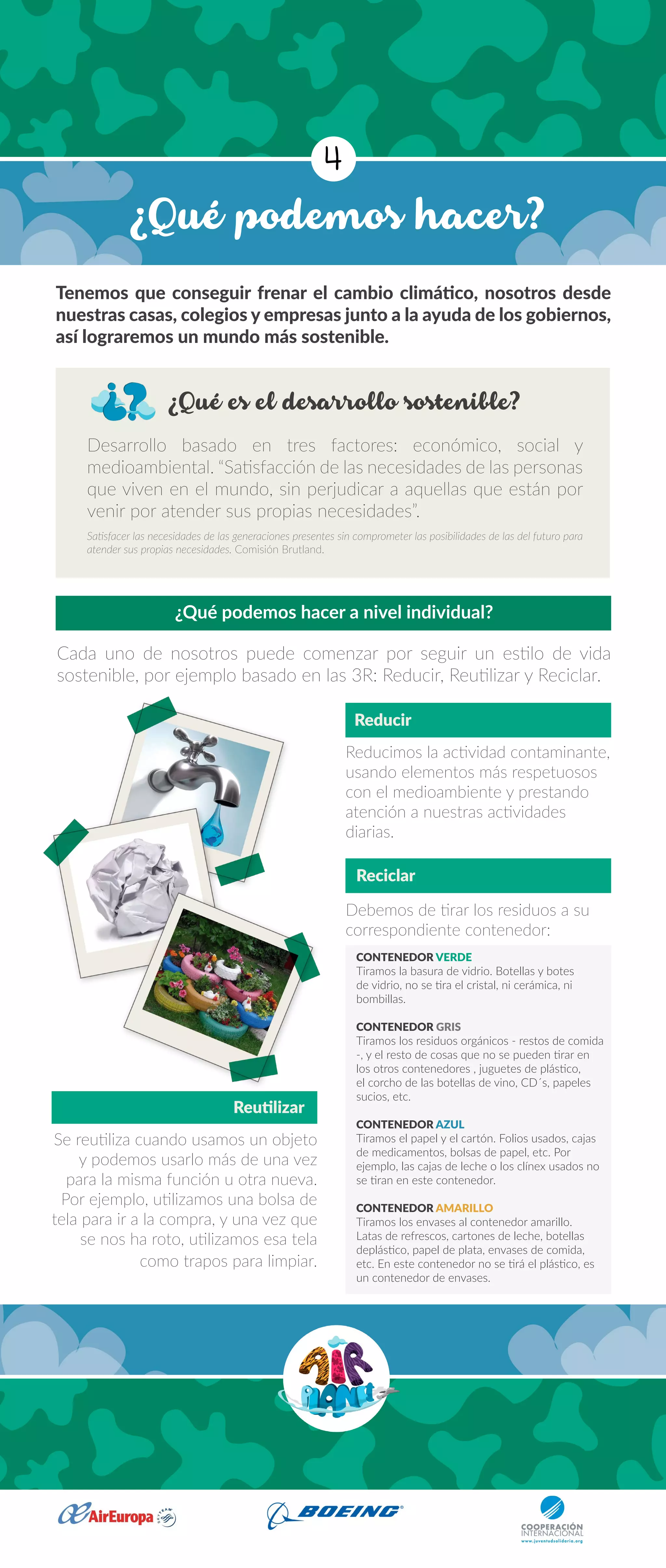 ¿Qué podemos hacer?
Tenemos que conseguir frenar el cambio climático, nosotros desde
nuestras casas, colegios y empresas junto a la ayuda de los gobiernos,
así lograremos un mundo más sostenible.
¿Qué podemos hacer a nivel individual?
Cada uno de nosotros puede comenzar por seguir un estilo de vida
sostenible, por ejemplo basado en las 3R: Reducir, Reutilizar y Reciclar.
Reducimos la actividad contaminante,
usando elementos más respetuosos
con el medioambiente y prestando
atención a nuestras actividades
diarias.
Debemos de tirar los residuos a su
correspondiente contenedor:
CONTENEDOR VERDE
Tiramos la basura de vidrio. Botellas y botes
de vidrio, no se tira el cristal, ni cerámica, ni
bombillas.
CONTENEDOR GRIS
Tiramos los residuos orgánicos - restos de comida
-, y el resto de cosas que no se pueden tirar en
los otros contenedores , juguetes de plástico,
el corcho de las botellas de vino, CD´s, papeles
sucios, etc.
CONTENEDOR AZUL
Tiramos el papel y el cartón. Folios usados, cajas
de medicamentos, bolsas de papel, etc. Por
ejemplo, las cajas de leche o los clínex usados no
se tiran en este contenedor.
CONTENEDOR AMARILLO
Tiramos los envases al contenedor amarillo.
Latas de refrescos, cartones de leche, botellas
deplástico, papel de plata, envases de comida,
etc. En este contenedor no se tirá el plástico, es
un contenedor de envases.
Se reutiliza cuando usamos un objeto
y podemos usarlo más de una vez
para la misma función u otra nueva.
Por ejemplo, utilizamos una bolsa de
tela para ir a la compra, y una vez que
se nos ha roto, utilizamos esa tela
como trapos para limpiar.
4
Reducir
Reciclar
Reutilizar
¿Qué es el desarrollo sostenible?
Desarrollo basado en tres factores: económico, social y
medioambiental. “Satisfacción de las necesidades de las personas
que viven en el mundo, sin perjudicar a aquellas que están por
venir por atender sus propias necesidades”.
Satisfacer las necesidades de las generaciones presentes sin comprometer las posibilidades de las del futuro para
atender sus propias necesidades. Comisión Brutland.
 