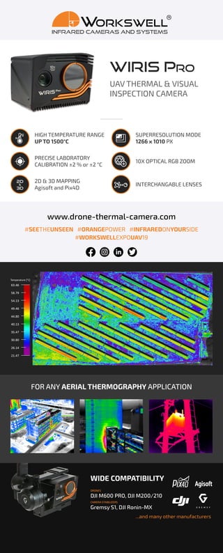 WIRIS Pro
UAV THERMAL & VISUAL
INSPECTION CAMERA
Infrared cameras and systems
orkswellW ®
HIGH TEMPERATURE RANGE
UP TO 1500°C
PRECISE LABORATORY
CALIBRATION ±2 % or ±2 °C
2D & 3D MAPPING
Agisoft and Pix4D
SUPERRESOLUTION MODE
1266 x 1010 PX
10X OPTICAL RGB ZOOM
INTERCHANGABLE LENSES
www.drone-thermal-camera.com
#SEETHEUNSEEN #ORANGEPOWER #INFRAREDONYOURSIDE
#WORKSWELLEXPOUAV19
FOR ANY AERIAL THERMOGRAPHY APPLICATION
WIDE COMPATIBILITY
DRONES
DJI M600 PRO, DJI M200/210
CAMERA STABILIZERS
Gremsy S1, DJI Ronin-MX
...and many other manufacturers
 