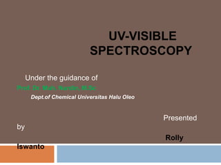 UV-VISIBLE
SPECTROSCOPY
Under the guidance of
Prof. Dr. Muh. Nurdin, M.Sc
Dept.of Chemical Universitas Halu Oleo
Presented
by
Rolly
Iswanto
 