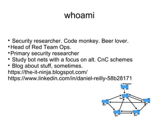 whoami

Security researcher. Code monkey. Beer lover.

Head of Red Team Ops.

Primary security researcher

Study bot nets with a focus on alt. CnC schemes

Blog about stuff, sometimes.
https://the-it-ninja.blogspot.com/
https://www.linkedin.com/in/daniel-reilly-58b28171
 