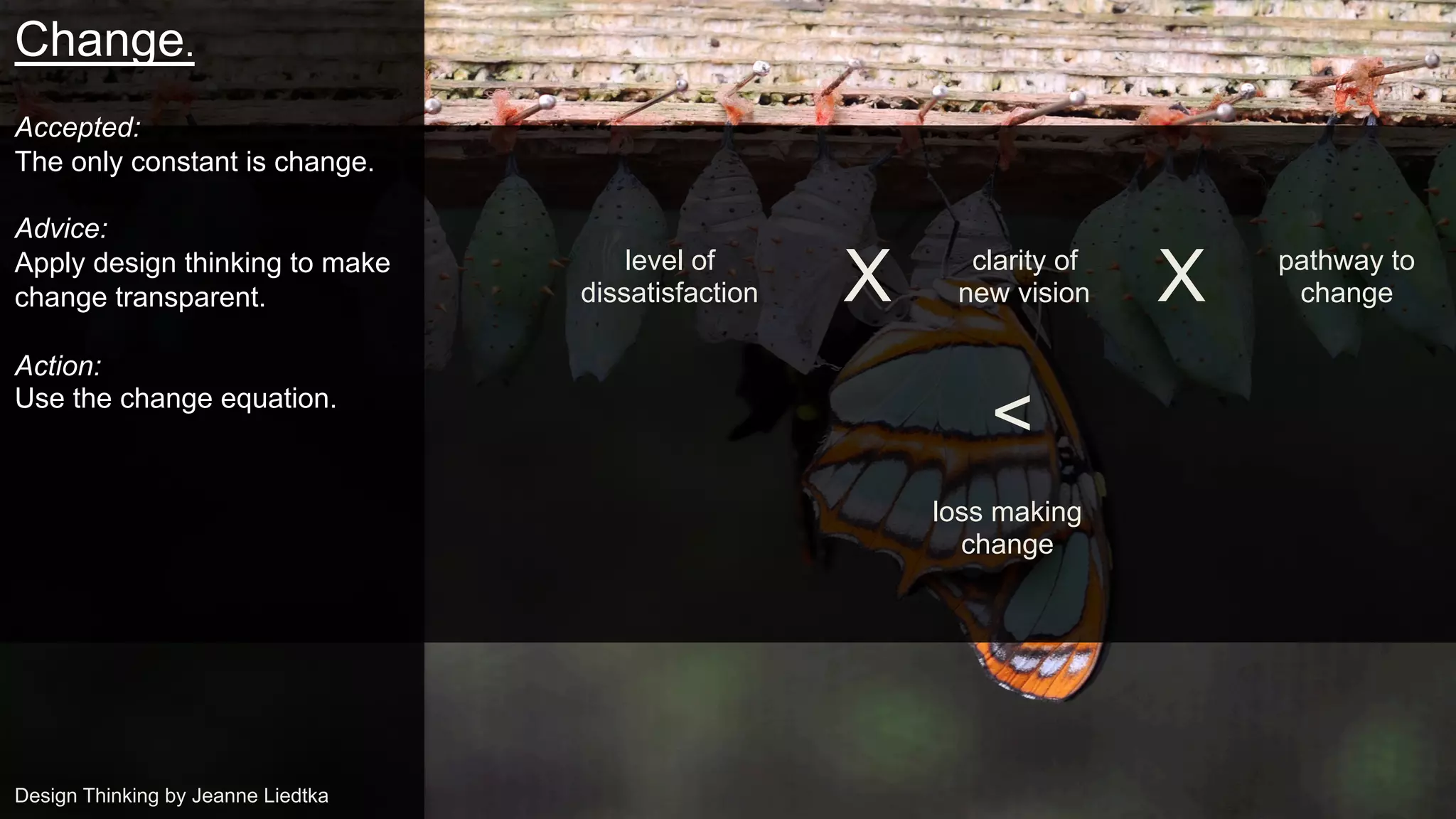 level of
dissatisfaction
clarity of
new vision
pathway to
changeX
<
loss making
change
X
Change.
Accepted:
The only constant is change.
Advice:
Apply design thinking to make
change transparent.
Action:
Use the change equation.
Design Thinking by Jeanne Liedtka
 