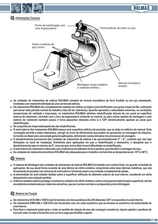 Informações Técnicas
Ponto de lubrificação com
uma engraxadeira.
Anéis e esferas de
aço cromo.
Blindagem dupla metálica
e material sintético.
Mancal monobloco
fundido.
Porta-esferas de nylon ou aço.
Vedação
O sistema de blindagem das unidades de rolamentos de esferas ROLMAX foi testado com notável êxito, em grande variedade de
aplicações. Na sua atual forma consiste de uma lâmina de nitrilo sintético comprimida entre duas lâminas metálicas, que são
firmementeencaixadasnasranhurasdoanelexterno,formandoassimumaunidadecompletamenteselada.
A extremidade do anel vedador desliza sobre a superfície retificada do diâmetro externo do anel interno, resultando um atrito
desprezíveleumavedaçãoperfeita.
Alâmina metálica externa protege a membrana vedadora de nitrilo sintético contra uma possível deterioração superficial, devido
aoambientecontaminadopormateriaisestranhos,queporventuravenhamasedepositarjuntoàblindagem.
Sistema de Fixação
As unidades de rolamentos de esferas ROLMAX constam de mancal monobloco de ferro fundido ou em aço estampado,
montadascomrolamentoblindadodeumacarreiradeesferas.
Os rolamentos ROLMAX são completamente vedados em ambos os lados e pré-lubrificados com graxa a base de lítio, suficiente
para durar todo período normal de trabalho (vida útil do rolamento). Quando operando a velocidades extremas, ou condições
excepcionais de umidade e impurezas, os rolamentos ROLMAX admitem relubrificação através de um canal na superfície
externa do rolamento, centrado com o furo da engraxadeira existente no mancal, ou para outras opções de montagem o anel
externo do rolamento também possui 2 furos passantes distantes entre si a 120º simetricamente opostos ao canal para
relubrificação.
Osconjuntosdechapaestampadanãosãorelubrificáveis.
O anel externo dos rolamentos ROLMAX possui uma superfície esférica de precisão, que se aloja no esférico do mancal. Esta
concepção permite a estes rolamentos, corrigir os erros de alinhamento que podem se apresentar na montagem da máquina,
tornando-osideaisparaumaamplagamadeaplicações,eliminandocustoselevadosnosprocessosdeusinagem.
O desalinhamento permissível das unidades de rolamentos de esferas é de aproximadamente 3° ~ 6°, contanto que não haja
limitações no local da instalação. Entretanto para aplicações em que a relubrificação é necessária, é desejável que o
desalinhamentosejanomáximode2°,umavezque,acimadistohaverádificuldadenarelubrificação.
Oanelinternodorolamentoéfabricadocomatolerânciadodiâmetrodofuropositiva,parafacilitaramontagemdoeixo.
AsunidadesderolamentosdeesferasROLMAXsãoadequadasparaotrabalhonormalentreastemperaturasde-10°Ca90°C.
OsrolamentosUCR-200e1200GsãofornecidoscomdoisparafusosALLENdistantes120°incorporadosnoanelinterno.
Os rolamentos EWR-200 e 1200 ECG são fornecidos com um colar excêntrico que se encaixa no excêntrico da extremidade do
anelinterno.
Para fixar o rolamento basta girar o colar no sentido de rotação do eixo até conseguir resistência, depois apertar o parafuso de
travadocolar.Ocolaréfornecidocomumfurocegoparafacilitaroaperto.
0505
 