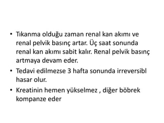• Tıkanma olduğu zaman renal kan akımı ve
renal pelvik basınç artar. Üç saat sonunda
renal kan akımı sabit kalır. Renal pelvik basınç
artmaya devam eder.
• Tedavi edilmezse 3 hafta sonunda irreversibl
hasar olur.
• Kreatinin hemen yükselmez , diğer böbrek
kompanze eder

 
