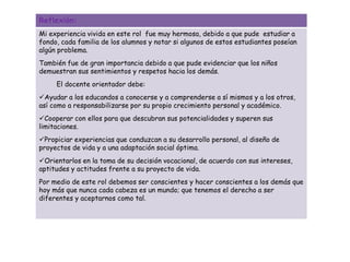 Reflexión:
Mi experiencia vivida en este rol fue muy hermosa, debido a que pude estudiar a
fondo, cada familia de los alumnos y notar si algunos de estos estudiantes poseían
algún problema.
También fue de gran importancia debido a que pude evidenciar que los niños
demuestran sus sentimientos y respetos hacia los demás.
El docente orientador debe:
Ayudar a los educandos a conocerse y a comprenderse a sí mismos y a los otros,
así como a responsabilizarse por su propio crecimiento personal y académico.
Cooperar con ellos para que descubran sus potencialidades y superen sus
limitaciones.
Propiciar experiencias que conduzcan a su desarrollo personal, al diseño de
proyectos de vida y a una adaptación social óptima.
Orientarlos en la toma de su decisión vocacional, de acuerdo con sus intereses,
aptitudes y actitudes frente a su proyecto de vida.
Por medio de este rol debemos ser conscientes y hacer conscientes a los demás que
hoy más que nunca cada cabeza es un mundo; que tenemos el derecho a ser
diferentes y aceptarnos como tal.
 