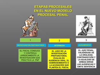EETTAAPPAASS PPRROOCCEESSAALLEESS 
EENN EELL NNUUEEVVOO MMOODDEELLOO 
PPRROOCCEESSAALL PPEENNAALL 
11 22 33 
IINNVVEESSTTIIGGAACCIIOONN PPRREEPPAARRAATTOORRIIAA INTERMEDIA JJUUZZGGAAMMIIEENNTTOO 
EL FISCAL CONDUCE 
Y CONTROLA 
JURIDICAMENTE LA 
INVESTIGACIÓN QUE 
PRACTICA LA PNP 
EL JUEZ DE LA 
INVESTIGACIÓN 
PREPARATORIA, 
EVALÚA EN 
AUDIENCIA ORAL, EL 
SOBRESEIMIENTO O 
LA ACUSACIÓN QUE 
PLANTEA EL FISCAL 
EL JUEZ PENAL, 
VALIÉNDOSE DE 
LA ORALIDAD, 
CONTRADICCIÓN Y 
LA IGUALDAD DE 
ARMAS DIRIGE 
LAS AUDIENCIAS Y 
EMITE SENTENCIA 
 