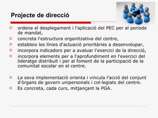 Projecte de direcció ordena el desplegament i l'aplicació del PEC per al període de mandat, concreta l'estructura organitzativa del centre, estableix les línies d'actuació prioritàries a desenvolupar, incorpora indicadors per a avaluar l'exercici de la direcció, incorpora elements per a l'aprofundiment en l'exercici del lideratge distribuït i per al foment de la participació de la comunitat escolar en el centre. La seva implementació orienta i vincula l'acció del conjunt d'òrgans de govern unipersonals i col·legiats del centre. Es concreta, cada curs, mitjançant la PGA. 