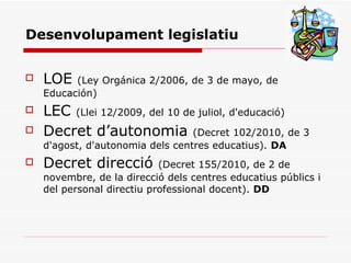 Desenvolupament legislatiu LOE  (Ley Orgánica 2/2006, de 3 de mayo, de Educación) LEC  (Llei 12/2009, del 10 de juliol, d'educació) Decret d’autonomia  (Decret 102/2010, de 3 d'agost, d'autonomia dels centres educatius).  DA Decret direcció  (Decret 155/2010, de 2 de novembre, de la direcció dels centres educatius públics i del personal directiu professional docent).  DD 
