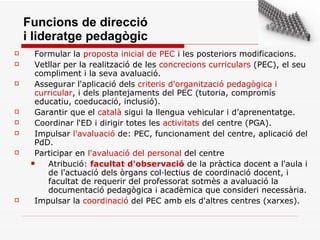 Funcions de direcció  i lideratge pedagògic Formular la  proposta inicial de PEC  i les posteriors modificacions. Vetllar per la realització de les  concrecions curriculars  (PEC), el seu compliment i la seva avaluació. Assegurar l'aplicació dels  criteris d'organització pedagògica i curricular , i dels plantejaments del PEC (tutoria, compromís educatiu, coeducació, inclusió). Garantir que el  català  sigui la llengua vehicular i d’aprenentatge. Coordinar l‘ED i dirigir totes les  activitats  del centre (PGA). Impulsar  l'avaluació  de: PEC, funcionament del centre, aplicació del PdD. Participar en  l'avaluació del personal  del centre Atribució:  facultat d'observació  de la pràctica docent a l'aula i de l'actuació dels òrgans col·lectius de coordinació docent, i facultat de requerir del professorat sotmès a avaluació la documentació pedagògica i acadèmica que consideri necessària. Impulsar la  coordinació  del PEC amb els d'altres centres (xarxes). 