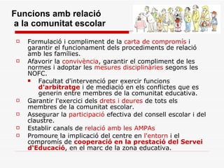 Funcions amb relació  a la comunitat escolar Formulació i compliment de la  carta de compromís  i garantir el funcionament dels procediments de relació amb les famílies. Afavorir la  convivència , garantir el compliment de les normes i adoptar les  mesures disciplinàries  segons les NOFC.  Facultat d'intervenció per exercir funcions  d'arbitratge  i de mediació en els conflictes que es generin entre membres de la comunitat educativa. Garantir l'exercici dels  drets i deures  de tots els membres de la comunitat escolar. Assegurar la  participació  efectiva del consell escolar i del claustre. Establir canals de  relació amb les AMPAs Promoure la implicació del centre en  l'entorn  i el compromís de  cooperació en la prestació del Servei d‘Educació , en el marc de la zona educativa. 