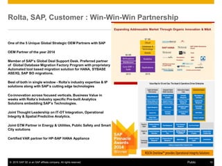© 2015 SAP SE or an SAP affiliate company. All rights reserved. 19Public
Rolta, SAP, Customer : Win-Win-Win Partnership
One of the 5 Unique Global Strategic OEM Partners with SAP
OEM Partner of the year 2014
Member of SAP’s Global Deal Support Desk. Preferred partner
of Global Database Migration Factory Program with proprietary
Automated tool based migration solution for HANA, SYBASE
ASE/IQ, SAP BO migrations.
Best of both in single window - Rolta’s industry expertise & IP
solutions along with SAP’s cutting edge technologies
Co-innovation across focused verticals. Business Value in
weeks with Rolta’s Industry specific Pre-built Analytics
Solutions embedding SAP’s Technologies.
Joint Thought Leadership on IT-OT Integration, Operational
Integrity & Spatial Predictive Analytics.
Joint GTM Partner in Energy & Utilities, Public Safety and Smart
City solutions
Certified VAR partner for HP-SAP HANA Appliance
 
