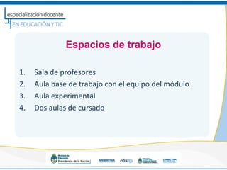 Espacios de trabajo

1.   Sala de profesores
2.   Aula base de trabajo con el equipo del módulo
3.   Aula experimental
4.   Dos aulas de cursado
 