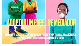•RESPONDER,ASISTIR,RESOLVERINCIDENCIASENCUESTIONESTÉCNICAS,ORGANIZATIVAS
YDEPROCEDIMIENTO.INTERVENIRCUANDOSEANECESARIO.
•ADOPTARUNPAPELDEMEDIADOR
TERCERO:
 