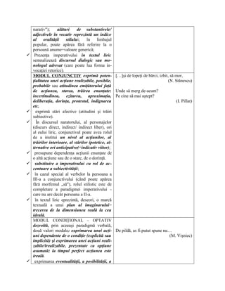 narativ"); alături de substantivele/
adjectivele în vocativ reprezintă un indice
al oralităţii stilului; în limbajul
popular, poate apărea fără referire la o
persoană anume=valoare generică;
 Prezenţa imperativului în textul liric
semnalizează discursul dialogic sau mo-
nologul adresat (care poate lua forma in-
vocaţiei retorice).
MODUL CONJUNCTIV exprimă poten-
ţialitatea unei acţiune realizabile, posibile,
probabile sau atitudinea emiţătorului faţă
de acţiunea, starea, trăirea enunţate:
incertitudinea, ezitarea, aproximaţia,
deliberaţia, dorinţa, protestul, indignarea
etc.
 exprimă stări afective (atitudini şi trăiri
subiective).
 În discursul naratorului, al personajelor
(discurs direct, indirect/ indirect liber), ori
al eului liric, conjunctivul poate avea rolul
de a institui un nivel al acţiunilor, al
trăirilor interioare, al stărilor ipotetice, al-
ternative ori anticipative(=indicativ viitor);
 presupune dependenţa acţiunii enunţate de
o altă acţiune sau de o stare, de o dorinţă.
 substituire a imperativului cu rol de ac-
centuare a subiectivităţii;
 în cazul special al verbelor la persoana a
III-a a conjunctivului (când poate apărea
fără morfemul „să"), rolul stilistic este de
completare a paradigmei imperativului -
care nu are decât persoana a II-a.
 în textul liric eprezintă, deseori, o marcă
textuală a unui plan al imaginarului=
trecerea de la dimensiunea reală la cea
ideală.
[…]şi de lopeţi de bărci, izbit, să mor,
(N. Stănescu)
Unde să merg de-acum?
Pe cine să mai aştept?
(I. Pillat)
MODUL CONDIŢIONAL – OPTATIV
dezvoltă, prin aceeaşi paradigmă verbală,
două valori modale: exprimarea unei acţi-
uni dependente de o condiţie (explicită sau
implicită) şi exprimarea unei acţiuni reali-
zabile/irealizabile, prezentate ca opţiune
asumată; la timpul perfect acţiunea este
ireală.
 exprimarea eventualităţii, a posibilităţii, a
De pildă, as fi putut spune nu…
(M. Vişniec)
 