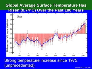 Source: IPCC TAR 2001 Strong temperature increase since 1975 (unprecedented) Global Average Surface Temperature Has Risen (0.74°C) Over the Past 100 Years 
