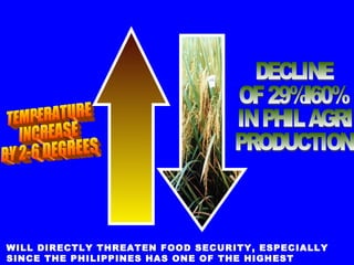 TEMPERATURE INCREASE BY 2-6 DEGREES DECLINE OF 29%-60% IN PHIL AGRI PRODUCTION WILL DIRECTLY THREATEN FOOD SECURITY, ESPECIALLY SINCE THE PHILIPPINES HAS ONE OF THE HIGHEST POPULATION GROWTH 