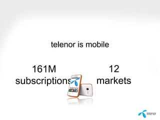 telenor is mobile

161M
subscriptions

12
markets

 