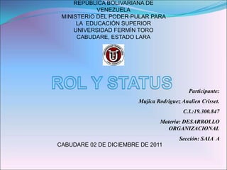 REPÚBLICA BOLIVARIANA DE
            VENEZUELA
 MINISTERIO DEL PODER PULAR PARA
      LA EDUCACIÓN SUPERIOR
     UNIVERSIDAD FERMÍN TORO
      CABUDARE, ESTADO LARA




                                            Participante:
                        Mujica Rodriguez Analien Crisset.
                                          C.I.:19.300.847
                                Materia: DESARROLLO
                                   ORGANIZACIONAL
                                        Sección: SAIA A
CABUDARE 02 DE DICIEMBRE DE 2011
 