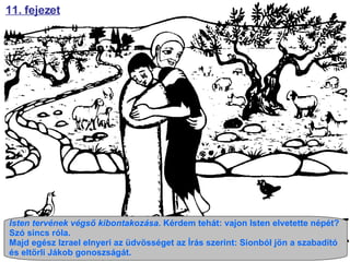 11. fejezet Isten tervének végső kibontakozása.  Kérdem tehát: vajon Isten elvetette népét? Szó sincs róla.  Majd egész Izrael elnyeri az üdvösséget az Írás szerint: Sionból jön a szabadító és eltörli Jákob gonoszságát.  