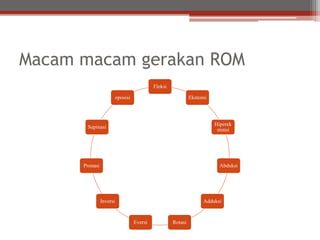 Macam macam gerakan ROM 
Fleksi 
Ekstensi 
Hiperek 
stensi 
Abduksi 
Adduksi 
Eversi Rotasi 
Supinasi 
Inversi 
Pronasi 
oposisi 
 
