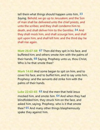 tell them what things should happen unto him, 33
Saying, Behold, we go up to Jerusalem; and the Son
of man shall be delivered unto the chief priests, and
unto the scribes; and they shall condemn him to
death, and shall deliver him to the Gentiles: 34 And
they shall mock him, and shall scourge him, and shall
spit upon him, and shall kill him: and the third day he
shall rise again.
Matt 26:67-68 67 Then did they spit in his face, and
buffeted him; and others smote him with the palms of
their hands, 68 Saying, Prophesy unto us, thou Christ,
Who is he that smote thee?
Mark 14:65 And some began to spit on him, and to
cover his face, and to buffet him, and to say unto him,
Prophesy: and the servants did strike him with the
palms of their hands.
Luke 22:63-65 63 And the men that held Jesus
mocked him, and smote him. 64 And when they had
blindfolded him, they struck him on the face, and
asked him, saying, Prophesy, who is it that smote
thee? 65 And many other things blasphemously
spake they against him.
 