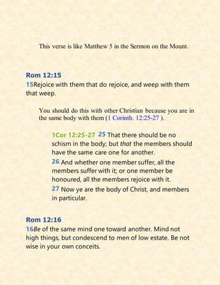 This verse is like Matthew 5 in the Sermon on the Mount.
Rom 12:15
15Rejoice with them that do rejoice, and weep with them
that weep.
You should do this with other Christian because you are in
the same body with them (1 Corinth. 12:25-27 ).
1Cor 12:25-27 25 That there should be no
schism in the body; but that the members should
have the same care one for another.
26 And whether one member suffer, all the
members suffer with it; or one member be
honoured, all the members rejoice with it.
27 Now ye are the body of Christ, and members
in particular.
Rom 12:16
16Be of the same mind one toward another. Mind not
high things, but condescend to men of low estate. Be not
wise in your own conceits.
 