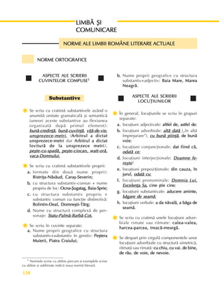 Perioada modernã
138
NORME ORTOGRAFICE
NORME ORTOGRAFICE
NORME ORTOGRAFICE
NORME ORTOGRAFICE
NORME ORTOGRAFICE
ASPECTE ALE SCRIERII
ASPECTE ALE SCRIERII
ASPECTE ALE SCRIERII
ASPECTE ALE SCRIERII
ASPECTE ALE SCRIERII
CUVINTELOR COMPUSE
CUVINTELOR COMPUSE
CUVINTELOR COMPUSE
CUVINTELOR COMPUSE
CUVINTELOR COMPUSE1
1
1
1
1
Substantive
Ï
Ï
Ï
Ï
Ï Se scriu cu cratimã substantivele având o
anumitã unitate gramaticalã ºi semanticã
(uneori aceste substantive au flexiunea
organizatã dupã primul element):
bunã-credinþã
bunã-credinþã
bunã-credinþã
bunã-credinþã
bunã-credinþã,
,
,
,
, bunã-cuviinþã
bunã-cuviinþã
bunã-cuviinþã
bunã-cuviinþã
bunã-cuviinþã,
,
,
,
, viþã-de-vie
viþã-de-vie
viþã-de-vie
viþã-de-vie
viþã-de-vie,
,
,
,
,
unsprezece-metri
unsprezece-metri
unsprezece-metri
unsprezece-metri
unsprezece-metri,
,
,
,
, (Arbitrul a dictat
Arbitrul a dictat
Arbitrul a dictat
Arbitrul a dictat
Arbitrul a dictat
unsprezece-metri
unsprezece-metri
unsprezece-metri
unsprezece-metri
unsprezece-metri dar Arbitrul a dictat
Arbitrul a dictat
Arbitrul a dictat
Arbitrul a dictat
Arbitrul a dictat
loviturã de la unsprezece metri
loviturã de la unsprezece metri
loviturã de la unsprezece metri
loviturã de la unsprezece metri
loviturã de la unsprezece metri),
peºte-cu-spadã, peºte-ciocan, watt-orã,
peºte-cu-spadã, peºte-ciocan, watt-orã,
peºte-cu-spadã, peºte-ciocan, watt-orã,
peºte-cu-spadã, peºte-ciocan, watt-orã,
peºte-cu-spadã, peºte-ciocan, watt-orã,
vaca-Domnului.
vaca-Domnului.
vaca-Domnului.
vaca-Domnului.
vaca-Domnului.
Ï
Ï
Ï
Ï
Ï Se scriu cu cratimã substantivele proprii:
a.
a.
a.
a.
a. formate din douã nume proprii:
Bistriþa-Nãsãud, Caraº-Severin;
Bistriþa-Nãsãud, Caraº-Severin;
Bistriþa-Nãsãud, Caraº-Severin;
Bistriþa-Nãsãud, Caraº-Severin;
Bistriþa-Nãsãud, Caraº-Severin;
b.
b.
b.
b.
b. cu structura substantiv-comun + nume
propriu de loc: Ocna-ªugatag, Baia-Sprie;
Ocna-ªugatag, Baia-Sprie;
Ocna-ªugatag, Baia-Sprie;
Ocna-ªugatag, Baia-Sprie;
Ocna-ªugatag, Baia-Sprie;
c.
c.
c.
c.
c. cu structura substantiv propriu +
substantiv comun cu funcþie distinctivã:
Bolintin-Deal, Domneºti-Târg;
Bolintin-Deal, Domneºti-Târg;
Bolintin-Deal, Domneºti-Târg;
Bolintin-Deal, Domneºti-Târg;
Bolintin-Deal, Domneºti-Târg;
d.
d.
d.
d.
d. Nume cu structurã complexã de per-
sonaje: Statu-Palmã-Barbã-Cot
Statu-Palmã-Barbã-Cot
Statu-Palmã-Barbã-Cot
Statu-Palmã-Barbã-Cot
Statu-Palmã-Barbã-Cot.
.
.
.
.
Ï
Ï
Ï
Ï
Ï Se scriu în cuvinte separate:
a.
a.
a.
a.
a. Nume proprii geografice cu structura
substantiv+substantiv în genitiv: Peºtera
Peºtera
Peºtera
Peºtera
Peºtera
Muierii, Piatra Craiului;
Muierii, Piatra Craiului;
Muierii, Piatra Craiului;
Muierii, Piatra Craiului;
Muierii, Piatra Craiului;
LIMBÃ ªI
LIMBÃ ªI
LIMBÃ ªI
LIMBÃ ªI
LIMBÃ ªI
COMUNICARE
COMUNICARE
COMUNICARE
COMUNICARE
COMUNICARE
NORME ALE LIMBII ROMÂNE LITERARE ACTUALE
NORME ALE LIMBII ROMÂNE LITERARE ACTUALE
NORME ALE LIMBII ROMÂNE LITERARE ACTUALE
NORME ALE LIMBII ROMÂNE LITERARE ACTUALE
NORME ALE LIMBII ROMÂNE LITERARE ACTUALE
b.
b.
b.
b.
b. Nume proprii geografice cu structura
substantiv+adjectiv: Baia Mare, Marea
Baia Mare, Marea
Baia Mare, Marea
Baia Mare, Marea
Baia Mare, Marea
Neagrã.
Neagrã.
Neagrã.
Neagrã.
Neagrã.
ASPECTE ALE SCRIERII
ASPECTE ALE SCRIERII
ASPECTE ALE SCRIERII
ASPECTE ALE SCRIERII
ASPECTE ALE SCRIERII
LOCUÞIUNILOR
LOCUÞIUNILOR
LOCUÞIUNILOR
LOCUÞIUNILOR
LOCUÞIUNILOR
Ï
Ï
Ï
Ï
Ï În general, locuþiunile se scriu în grupuri
separate:
a.
a.
a.
a.
a. locuþiuni adjectivale: altfel de, astfel de
altfel de, astfel de
altfel de, astfel de
altfel de, astfel de
altfel de, astfel de;
b.
b.
b.
b.
b. locuþiuni adverbiale: altã datã
altã datã
altã datã
altã datã
altã datã („în altã
împrejurare”), cu bunã ºtiinþã
cu bunã ºtiinþã
cu bunã ºtiinþã
cu bunã ºtiinþã
cu bunã ºtiinþã, de bunã
, de bunã
, de bunã
, de bunã
, de bunã
voie
voie
voie
voie
voie;
c.
c.
c.
c.
c. locuþiuni conjuncþionale: dat fiind cã,
dat fiind cã,
dat fiind cã,
dat fiind cã,
dat fiind cã,
odatã ce
odatã ce
odatã ce
odatã ce
odatã ce;
d.
d.
d.
d.
d. locuþiuni interjecþionale: Doamne fe-
Doamne fe-
Doamne fe-
Doamne fe-
Doamne fe-
reºte
reºte
reºte
reºte
reºte!
e.
e.
e.
e.
e. locuþiuni prepoziþionale: din cauza, în
din cauza, în
din cauza, în
din cauza, în
din cauza, în
jurul,
jurul,
jurul,
jurul,
jurul, odatã cu
odatã cu
odatã cu
odatã cu
odatã cu;
f.
f.
f.
f.
f. locuþiuni pronominale: Domnia Lui
Domnia Lui
Domnia Lui
Domnia Lui
Domnia Lui,
,
,
,
,
Excelenþa Sa
Excelenþa Sa
Excelenþa Sa
Excelenþa Sa
Excelenþa Sa,
,
,
,
, cine ºtie cine
cine ºtie cine
cine ºtie cine
cine ºtie cine
cine ºtie cine;
g.
g.
g.
g.
g. locuþiuni substantivale: aducere aminte,
aducere aminte,
aducere aminte,
aducere aminte,
aducere aminte,
bãgare de seamã
bãgare de seamã
bãgare de seamã
bãgare de seamã
bãgare de seamã;
h.
h.
h.
h.
h. locuþiuni verbale: a da nãvalã, a bãga de
a da nãvalã, a bãga de
a da nãvalã, a bãga de
a da nãvalã, a bãga de
a da nãvalã, a bãga de
seamã
seamã
seamã
seamã
seamã.
Ï
Ï
Ï
Ï
Ï Se scriu cu cratimã unele locuþiuni adver-
biale rimate sau ritmate: calea-valea,
calea-valea,
calea-valea,
calea-valea,
calea-valea,
harcea-parcea, treacã-meargã.
harcea-parcea, treacã-meargã.
harcea-parcea, treacã-meargã.
harcea-parcea, treacã-meargã.
harcea-parcea, treacã-meargã.
Ï
Ï
Ï
Ï
Ï Se despart prin virgulã componentele unor
locuþiuni adverbiale cu structurã simetricã,
ritmatã sau rimatã: cu chiu, cu vai
cu chiu, cu vai
cu chiu, cu vai
cu chiu, cu vai
cu chiu, cu vai, de bine,
de bine,
de bine,
de bine,
de bine,
de rãu
de rãu
de rãu
de rãu
de rãu, de voie, de nevoie.
de voie, de nevoie.
de voie, de nevoie.
de voie, de nevoie.
de voie, de nevoie.
1 Normele scrise cu aldine precum ºi exemplele scrise
cu aldine ºi subliniate indicã noua normã literarã.
 