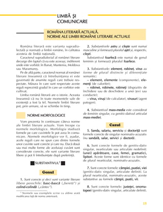 15
Fundamente ale culturii române
Româna literarã este varianta supradia-
lectalã ºi normatã a limbii române, în calitatea
acesteia de limbã naþionalã.
Caracterul supradialectal al românei literare
decurge din faptul cã ea este aceeaºi, indiferent
unde este vorbitã: în Banat, Muntenia, Moldova
sau Maramureº.
Pe de altã parte, caracterul normat al românei
literare înseamnã cã întrebuinþarea ei este
guvernatã de anumite reguli care trebuie res-
pectate. Mãsura în care sunt respectate aceste
reguli reprezintã gradul în care un vorbitor este
cultivat.
Limba românã literarã are o istorie. Aceasta
înseamnã cã nu în toate momentele sale de
existenþã a fost la fel. Normele limbii literare
pot, prin urmare, sã se schimbe în timp.
ROMÂNA LITERARÃ ACTUALÃ.
ROMÂNA LITERARÃ ACTUALÃ.
ROMÂNA LITERARÃ ACTUALÃ.
ROMÂNA LITERARÃ ACTUALÃ.
ROMÂNA LITERARÃ ACTUALÃ.
NORME ALE LIMBII ROMÂNE LITERARE ACTUALE
NORME ALE LIMBII ROMÂNE LITERARE ACTUALE
NORME ALE LIMBII ROMÂNE LITERARE ACTUALE
NORME ALE LIMBII ROMÂNE LITERARE ACTUALE
NORME ALE LIMBII ROMÂNE LITERARE ACTUALE
2.
2.
2.
2.
2. Substantivele astru
astru
astru
astru
astru ºi cleºte
cleºte
cleºte
cleºte
cleºte sunt numai
masculine ºi formeazã pluralul aºtri
aºtri
aºtri
aºtri
aºtri ºi, respectiv,
cleºti
cleºti
cleºti
cleºti
cleºti.
Substantivul foarfecã
foarfecã
foarfecã
foarfecã
foarfecã este numai de genul
feminin ºi formeazã pluralul foarfece
foarfece
foarfece
foarfece
foarfece.
3.
3.
3.
3.
3. Substantivele: element, robinet, virus
element, robinet, virus
element, robinet, virus
element, robinet, virus
element, robinet, virus au
forme de plural distincte ºi diferenþiate
semantic:
– element, elemente
– element, elemente
– element, elemente
– element, elemente
– element, elemente (componente), ele-
ele-
ele-
ele-
ele-
menþi
menþi
menþi
menþi
menþi (de calorifer);
– robinet, robinete, robineþi
– robinet, robinete, robineþi
– robinet, robinete, robineþi
– robinet, robinete, robineþi
– robinet, robinete, robineþi (dispozitiv de
închidere sau de deschidere a unei þevi sau
conducte);
– virus, viruºi
– virus, viruºi
– virus, viruºi
– virus, viruºi
– virus, viruºi (de calculator), virusuri
virusuri
virusuri
virusuri
virusuri (agent
patogen).
4.
4.
4.
4.
4. Substantivul mass-media
mass-media
mass-media
mass-media
mass-media este considerat
de feminin singular, cu genitiv-dativul articulat
mass-mediei.
mass-mediei.
mass-mediei.
mass-mediei.
mass-mediei.
Cazul
5. Sanda, salariu, serviciu
5. Sanda, salariu, serviciu
5. Sanda, salariu, serviciu
5. Sanda, salariu, serviciu
5. Sanda, salariu, serviciu ºi doctoriþã
doctoriþã
doctoriþã
doctoriþã
doctoriþã sunt
formele corecte de singular nominativ-acuzativ
(nu sandalã, salar, servici
sandalã, salar, servici
sandalã, salar, servici
sandalã, salar, servici
sandalã, salar, servici ºi doctorã
doctorã
doctorã
doctorã
doctorã).
6.
6.
6.
6.
6. Sunt corecte formele de genitiv-dativ
singular, nearticulate sau articulate nedefinit:
(unei) apãrãtoare, case, femei, gramatici,
(unei) apãrãtoare, case, femei, gramatici,
(unei) apãrãtoare, case, femei, gramatici,
(unei) apãrãtoare, case, femei, gramatici,
(unei) apãrãtoare, case, femei, gramatici,
lipitori
lipitori
lipitori
lipitori
lipitori. Aceste forme sunt identice cu formele
de plural nearticulat, nominativ-acuzativ.
7.
7.
7.
7.
7. Sunt corecte formele: câmpiei, pustiei, viei
câmpiei, pustiei, viei
câmpiei, pustiei, viei
câmpiei, pustiei, viei
câmpiei, pustiei, viei
(genitiv-dativ singular, articulate definit). La
plural nearticulat, nominativ-acuzativ, aceste
substantive au formele câmpii, pustii, vii
câmpii, pustii, vii
câmpii, pustii, vii
câmpii, pustii, vii
câmpii, pustii, vii.
8.
8.
8.
8.
8. Sunt corecte formele: just
just
just
just
justeþei, onoma-
eþei, onoma-
eþei, onoma-
eþei, onoma-
eþei, onoma-
topeei
topeei
topeei
topeei
topeei (genitiv-dativ singular, articulate definit).
LIMBÃ ªI
LIMBÃ ªI
LIMBÃ ªI
LIMBÃ ªI
LIMBÃ ªI
COMUNICARE
COMUNICARE
COMUNICARE
COMUNICARE
COMUNICARE
NORME MORFOLOGICE
NORME MORFOLOGICE
NORME MORFOLOGICE
NORME MORFOLOGICE
NORME MORFOLOGICE
1 Normele sau exemplele scrise cu aldine aratã
modificarea faþã de norma anterioarã.
Vom prezenta în continuare câteva norme
ale limbii literare actuale. Vom începe cu
normele morfologice. Morfologia studiazã
formele pe care cuvintele le pot avea în comu-
nicare. Normele morfologice vor fi, aºadar,
acele reguli care ne spun care dintre formele
unor cuvinte sunt corecte ºi care nu. Dacã douã
sau mai multe forme ale aceluiaºi cuvânt sunt
considerate corecte, ele sunt variante literare
libere ºi pot fi întrebuinþate dupã preferinþã.
SUBSTANTIVUL
SUBSTANTIVUL
SUBSTANTIVUL
SUBSTANTIVUL
SUBSTANTIVUL1
1
1
1
1
Genul
1.
1.
1.
1.
1. Sunt corecte ºi deci sunt variante literare
libere perechile: basc-bascã
basc-bascã
basc-bascã
basc-bascã
basc-bascã („beretã”) ºi
colind-colindã
colind-colindã
colind-colindã
colind-colindã
colind-colindã („cântec”).
 