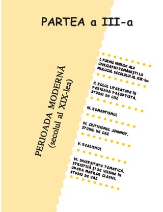 91
Perioada modernã
P
E
R
I
O
A
D
A
M
O
D
E
R
N
Ã
P
E
R
I
O
A
D
A
M
O
D
E
R
N
Ã
P
E
R
I
O
A
D
A
M
O
D
E
R
N
Ã
P
E
R
I
O
A
D
A
M
O
D
E
R
N
Ã
P
E
R
I
O
A
D
A
M
O
D
E
R
N
Ã
(
(
(
(
(
s
e
c
o
l
u
l
a
l
X
I
X
-
l
e
a
)
s
e
c
o
l
u
l
a
l
X
I
X
-
l
e
a
)
s
e
c
o
l
u
l
a
l
X
I
X
-
l
e
a
)
s
e
c
o
l
u
l
a
l
X
I
X
-
l
e
a
)
s
e
c
o
l
u
l
a
l
X
I
X
-
l
e
a
)
•
•
•
•
•
•
•
•
•
•
•
•
•
•
•
•
•
•
•
•
•
•
•
•
•
•
•
•
•
•
•
•
•
•
•
•
•
•
•
•
•
•
•
•
•
•
•
•
•
•
•
•
•
•
•
•
•
•
•
•
•
•
•
•
•
•
•
•
•
•
•
•
•
•
•
•
•
•
•
•
•
•
•
•
•
•
•
•
•
•
•
•
•
•
•
•
•
•
•
•
•
•
•
•
•
•
•
•
•
•
•
•
•
•
•
•
•
•
•
•
•
•
•
•
•
PARTEA a III-a
• • • • • • • • •
• • • • • • • • •
• • • • • • • • •
• • • • • • • • •
• • • • • • • • •
I. FORME HIBRIDE ALE
I. FORME HIBRIDE ALE
I. FORME HIBRIDE ALE
I. FORME HIBRIDE ALE
I. FORME HIBRIDE ALE
CIVILIZAÞIEI ROMÂNE
CIVILIZAÞIEI ROMÂNE
CIVILIZAÞIEI ROMÂNE
CIVILIZAÞIEI ROMÂNE
CIVILIZAÞIEI ROMÂNEª
ª
ª
ª
ªTI LA
TI LA
TI LA
TI LA
TI LA
MIJLOCUL SECOLULUI AL XIX-
MIJLOCUL SECOLULUI AL XIX-
MIJLOCUL SECOLULUI AL XIX-
MIJLOCUL SECOLULUI AL XIX-
MIJLOCUL SECOLULUI AL XIX-lea
lea
lea
lea
lea
• • • • • • • • •
• • • • • • • • •
• • • • • • • • •
• • • • • • • • •
• • • • • • • • •
II. ROLUL LITERATURII ÎN
II. ROLUL LITERATURII ÎN
II. ROLUL LITERATURII ÎN
II. ROLUL LITERATURII ÎN
II. ROLUL LITERATURII ÎN
PERIOADA PAªOPTISTÃ.
PERIOADA PAªOPTISTÃ.
PERIOADA PAªOPTISTÃ.
PERIOADA PAªOPTISTÃ.
PERIOADA PAªOPTISTÃ.
STUDIU DE CAZ
STUDIU DE CAZ
STUDIU DE CAZ
STUDIU DE CAZ
STUDIU DE CAZ
• • • • • • • • •
• • • • • • • • •
• • • • • • • • •
• • • • • • • • •
• • • • • • • • •
III. ROMANTISMUL
III. ROMANTISMUL
III. ROMANTISMUL
III. ROMANTISMUL
III. ROMANTISMUL
• • • • • • • • •
• • • • • • • • •
• • • • • • • • •
• • • • • • • • •
• • • • • • • • •
IV. CRITICISMUL JUNIMIST.
IV. CRITICISMUL JUNIMIST.
IV. CRITICISMUL JUNIMIST.
IV. CRITICISMUL JUNIMIST.
IV. CRITICISMUL JUNIMIST.
STUDIU DE CAZ
STUDIU DE CAZ
STUDIU DE CAZ
STUDIU DE CAZ
STUDIU DE CAZ
• • • • • • • • •
• • • • • • • • •
• • • • • • • • •
• • • • • • • • •
• • • • • • • • •
V. REALISMUL
V. REALISMUL
V. REALISMUL
V. REALISMUL
V. REALISMUL
• • • • • • • • •
• • • • • • • • •
• • • • • • • • •
• • • • • • • • •
• • • • • • • • •
VI. DIVERSITATE TEMATICÃ,
VI. DIVERSITATE TEMATICÃ,
VI. DIVERSITATE TEMATICÃ,
VI. DIVERSITATE TEMATICÃ,
VI. DIVERSITATE TEMATICÃ,
STILISTICÃ ªI DE VIZIUNE ÎN
STILISTICÃ ªI DE VIZIUNE ÎN
STILISTICÃ ªI DE VIZIUNE ÎN
STILISTICÃ ªI DE VIZIUNE ÎN
STILISTICÃ ªI DE VIZIUNE ÎN
OPERA MARILOR CLASICI.
OPERA MARILOR CLASICI.
OPERA MARILOR CLASICI.
OPERA MARILOR CLASICI.
OPERA MARILOR CLASICI.
STUDIU DE CAZ
STUDIU DE CAZ
STUDIU DE CAZ
STUDIU DE CAZ
STUDIU DE CAZ
• • • • • • • • •
• • • • • • • • •
• • • • • • • • •
• • • • • • • • •
• • • • • • • • •
 