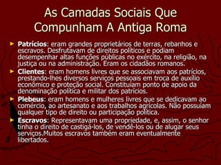 As Camadas Sociais Que Compunham A Antiga Roma Patrícios : eram grandes proprietários de terras, rebanhos e escravos. Desfrutavam de direitos políticos e podiam desempenhar altas funções públicas no exército, na religião, na justiça ou na administração. Eram os cidadãos romanos.  Clientes : eram homens livres que se associavam aos patrícios, prestando-lhes diversos serviços pessoais em troca de auxílio econômico e proteção social. Constituíam ponto de apoio da denominação política e militar dos patrícios.  Plebeus : eram homens e mulheres livres que se dedicavam ao comércio, ao artesanato e aos trabalhos agrícolas. Não possuíam qualquer tipo de direito ou participação política.  Escravos : Representavam uma propriedade, e, assim, o senhor tinha o direito de castigá-los, de vendê-los ou de alugar seus serviços.Muitos escravos também eram eventualmente libertados.  