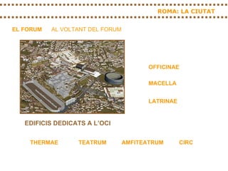 ROMA: LA CIUTAT EL FORUM AL VOLTANT DEL FORUM OFFICINAE LATRINAE MACELLA THERMAE TEATRUM AMFITEATRUM CIRC EDIFICIS DEDICATS A L’OCI 