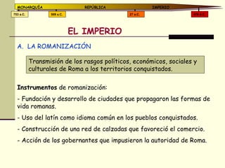 EL IMPERIO Transmisión de los rasgos políticos, económicos, sociales y culturales de Roma a los territorios conquistados. LA ROMANIZACIÓN Instrumentos  de romanización:  Fundación y desarrollo de ciudades que propagaron las formas de vida romanas. Uso del latín como idioma común en los pueblos conquistados. Construcción de una red de calzadas que favoreció el comercio. Acción de los gobernantes que impusieron la autoridad de Roma. 476 d.C. 27 a.C. 509 a.C. 753 a.C. MONARQUÍA REPÚBLICA   IMPERIO 