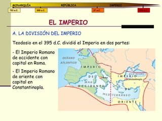 EL IMPERIO LA DIVISIÓN DEL IMPERIO Teodosio en el 395 d.C. dividió el Imperio en dos partes: El Imperio Romano de occidente con capital en Roma. El Imperio Romano de oriente con capital en Constantinopla. 476 d.C. 27 a.C. 509 a.C. 753 a.C. MONARQUÍA REPÚBLICA   IMPERIO 