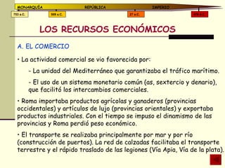 LOS RECURSOS ECONÓMICOS EL COMERCIO La actividad comercial se vio favorecida por:  La unidad del Mediterráneo que garantizaba el tráfico marítimo.  El uso de un sistema monetario común (as, sextercio y denario), que facilitó los intercambios comerciales. Roma importaba productos agrícolas y ganaderos (provincias occidentales) y artículos de lujo (provincias orientales) y exportaba productos industriales. Con el tiempo se impuso el dinamismo de las provincias y Roma perdió peso económico.  El transporte se realizaba principalmente por mar y por río (construcción de puertos). La red de calzadas facilitaba el transporte terrestre y el rápido traslado de las legiones (Vía Apia, Vía de la plata). 476 d.C. 27 a.C. 509 a.C. 753 a.C. MONARQUÍA REPÚBLICA   IMPERIO 