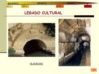 LEGADO CULTURAL 476 d.C. 27 a.C. 509 a.C. 753 a.C. MONARQUÍA REPÚBLICA   IMPERIO CLOACAS 
