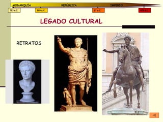 LEGADO CULTURAL 476 d.C. 27 a.C. 509 a.C. 753 a.C. MONARQUÍA REPÚBLICA   IMPERIO RETRATOS 
