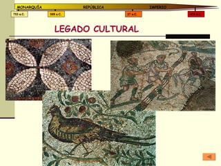 LEGADO CULTURAL 476 d.C. 27 a.C. 509 a.C. 753 a.C. MONARQUÍA REPÚBLICA   IMPERIO 