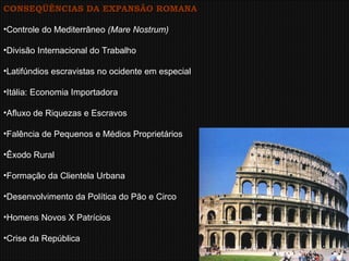 CONSEQÜÊNCIAS DA EXPANSÃO ROMANA Controle do Mediterrâneo  (Mare Nostrum)  Divisão Internacional do Trabalho Latifúndios escravistas no ocidente em especial Itália: Economia Importadora Afluxo de Riquezas e Escravos Falência de Pequenos e Médios Proprietários Êxodo Rural Formação da Clientela Urbana Desenvolvimento da Política do Pão e Circo Homens Novos X Patrícios Crise da República 