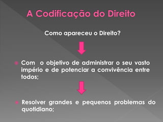 Como apareceu o Direito? 
 Com o objetivo de administrar o seu vasto 
império e de potenciar a convivência entre 
todos; 
 Resolver grandes e pequenos problemas do 
quotidiano; 
 