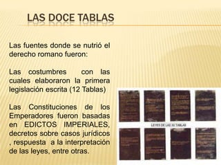 LAS DOCE TABLASLas fuentes donde se nutrió el derecho romano fueron:Las costumbres  con las cuales elaboraron la primera legislación escrita (12 Tablas)Las Constituciones de los Emperadores fueron basadas en EDICTOS IMPERIALES, decretos sobre casos jurídicos , respuesta  a la interpretación de las leyes, entre otras.