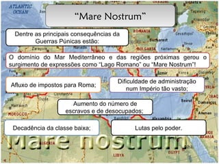 “ Mare Nostrum” Dentre as principais consequências da Guerras Púnicas estão: O domínio do Mar Mediterrâneo e das regiões próximas gerou o surgimento de expressões como “Lago Romano” ou “Mare Nostrum”! Afluxo de impostos para Roma; Dificuldade de administração num Império tão vasto; Aumento do número de escravos e de desocupados;  Decadência da classe baixa; Lutas pelo poder. 