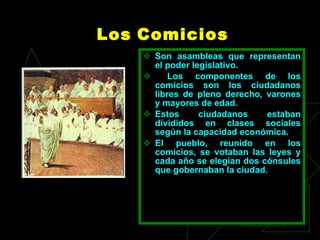 Los   Comicios Son asambleas que representan el poder legislativo. Los componentes de los comicios son los ciudadanos libres de pleno derecho, varones y mayores de edad.  Estos ciudadanos estaban divididos en clases sociales según la capacidad económica.  El pueblo, reunido en los comicios, se votaban las leyes y cada año se elegían dos cónsules que gobernaban la ciudad. 