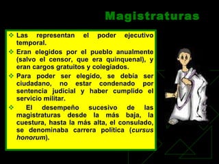 Magistraturas Las representan el poder ejecutivo temporal. Eran elegidos por el pueblo anualmente (salvo el censor, que era quinquenal), y eran cargos gratuitos y colegiados.  Para poder ser elegido, se debía ser ciudadano, no estar condenado por sentencia judicial y haber cumplido el servicio militar. El desempeño sucesivo de las magistraturas desde la más baja, la cuestura, hasta la más alta, el consulado, se denominaba carrera política ( cursus honorum ). 